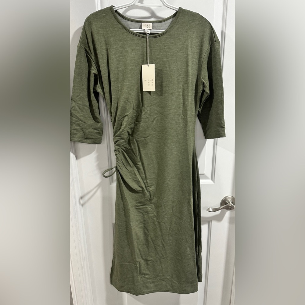 NWT A New Day Three Quarter Sleeve Olive Heather Ruched Tie Waist Dress - Picture 1 of 13